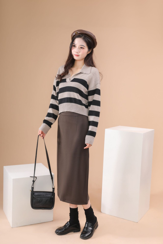Fustă lungă din lână, croială mulată, culoare solidă, stil japonez/coreean lejer, toamnă-iarnă 2024