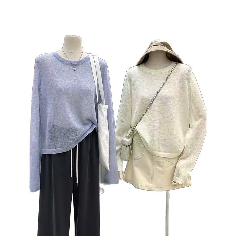 Bluza od konoplje i spandeksa, pleteni model, okrugli izrez, dugi rukavi, tanko tkivo, UPF30+