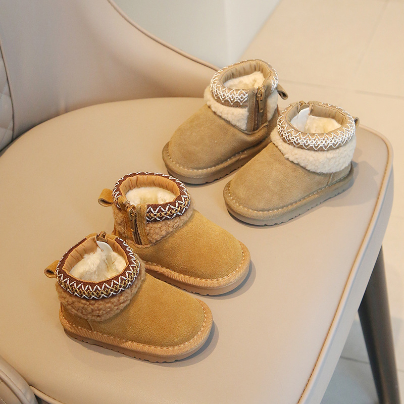 Ghete de iarnă pentru copii, velur de vițel la exterior, căptușite cu fleece, talpă anti-derapantă, pentru copii 1–3 ani