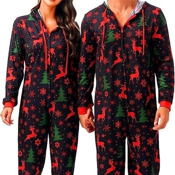 Salopetă de pijama pentru cupluri, imprimeu desen animat, poliester, guler în V, mâneci lungi, greutate 141-160 g/m2