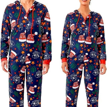 Salopetă de pijama pentru cupluri, imprimeu desen animat, poliester, guler în V, mâneci lungi, greutate 141-160 g/m2