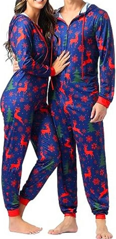 Salopetă de pijama pentru cupluri, imprimeu desen animat, poliester, guler în V, mâneci lungi, greutate 141-160 g/m2