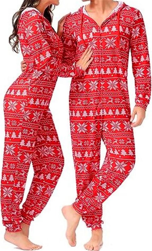 Salopetă de pijama pentru cupluri, imprimeu desen animat, poliester, guler în V, mâneci lungi, greutate 141-160 g/m2