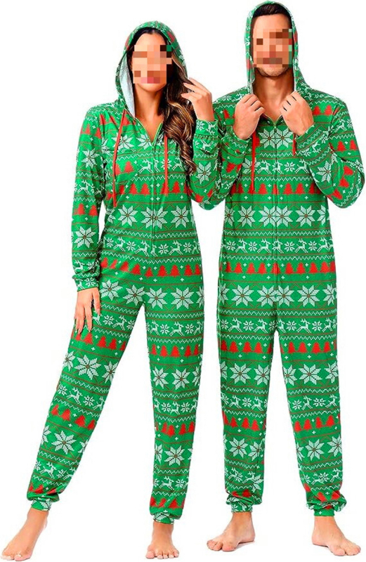 Salopetă de pijama pentru cupluri, imprimeu desen animat, poliester, guler în V, mâneci lungi, greutate 141-160 g/m2