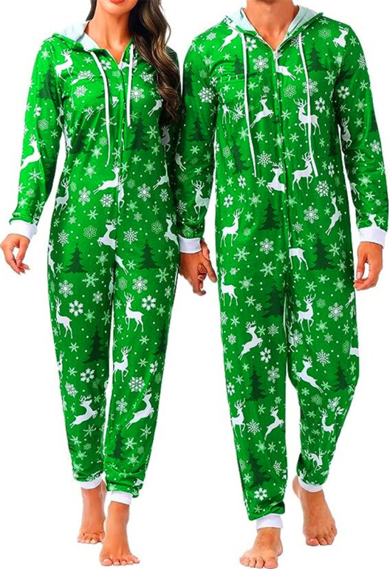 Salopetă de pijama pentru cupluri, imprimeu desen animat, poliester, guler în V, mâneci lungi, greutate 141-160 g/m2