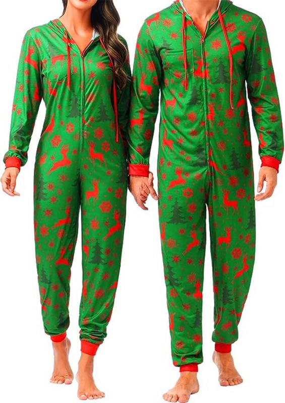 Salopetă de pijama pentru cupluri, imprimeu desen animat, poliester, guler în V, mâneci lungi, greutate 141-160 g/m2