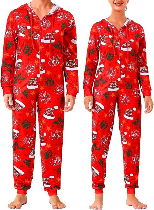 Salopetă de pijama pentru cupluri, imprimeu desen animat, poliester, guler în V, mâneci lungi, greutate 141-160 g/m2