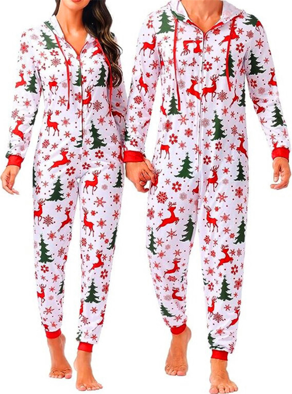 Salopetă de pijama pentru cupluri, imprimeu desen animat, poliester, guler în V, mâneci lungi, greutate 141-160 g/m2