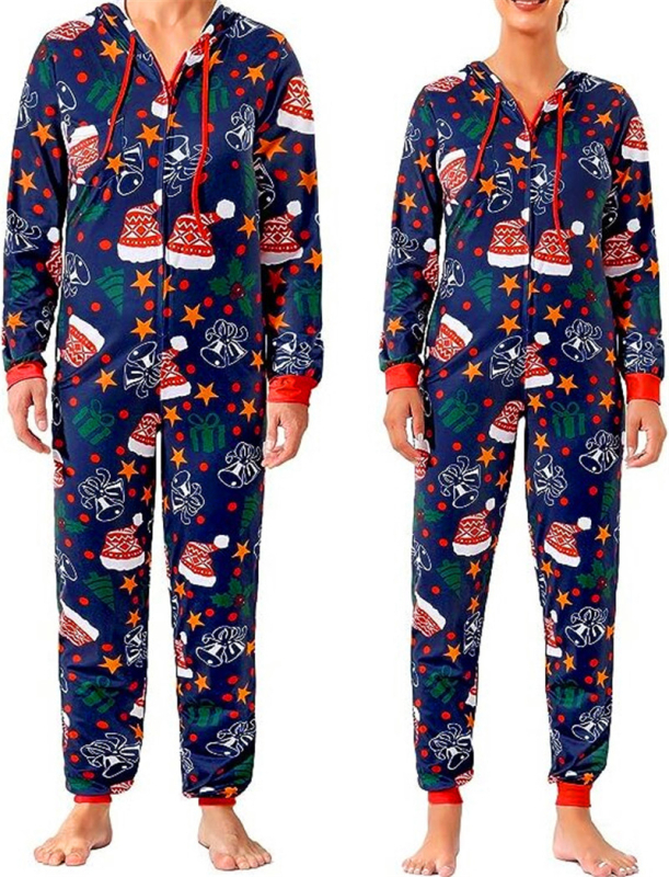 Salopetă de pijama pentru cupluri, imprimeu desen animat, poliester, guler în V, mâneci lungi, greutate 141-160 g/m2