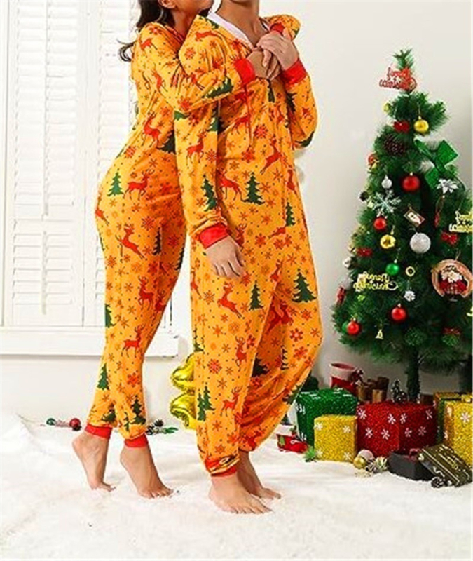 Salopetă de pijama pentru cupluri, imprimeu desen animat, poliester, guler în V, mâneci lungi, greutate 141-160 g/m2