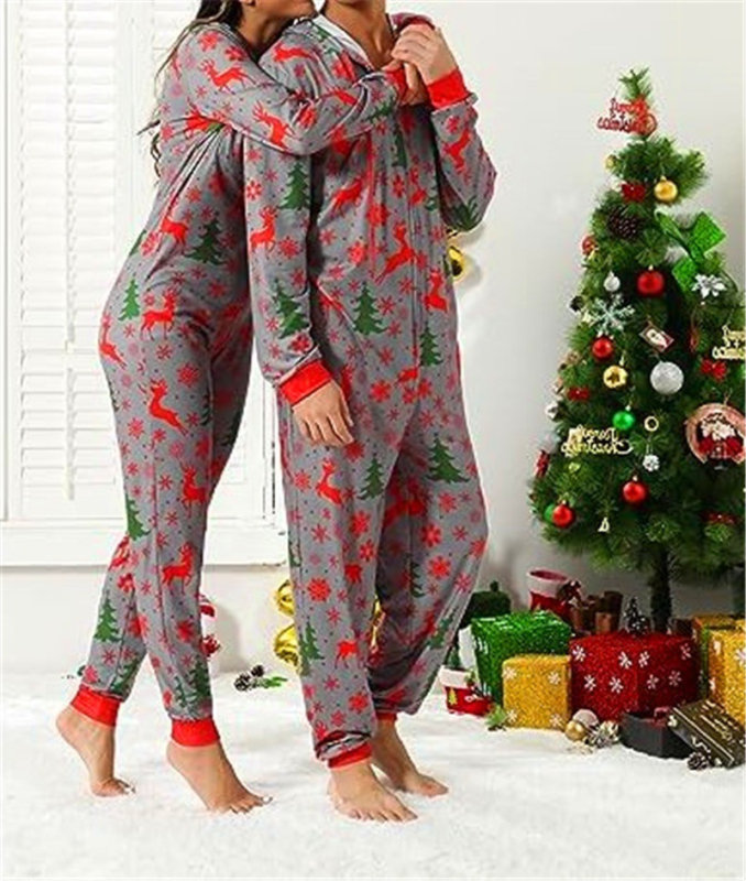 Salopetă de pijama pentru cupluri, imprimeu desen animat, poliester, guler în V, mâneci lungi, greutate 141-160 g/m2