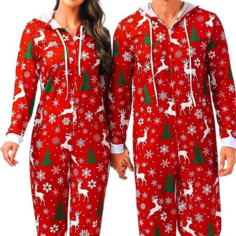 Salopetă de pijama pentru cupluri, imprimeu desen animat, poliester, guler în V, mâneci lungi, greutate 141-160 g/m2