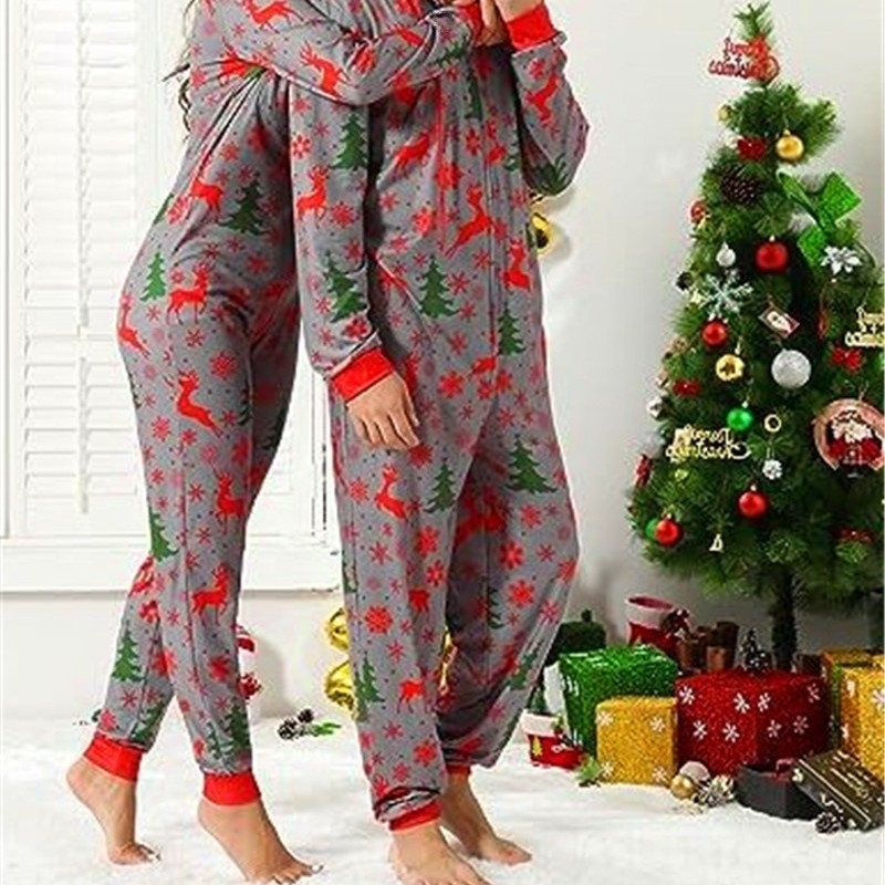 Salopetă de pijama pentru cupluri, imprimeu desen animat, poliester, guler în V, mâneci lungi, greutate 141-160 g/m2