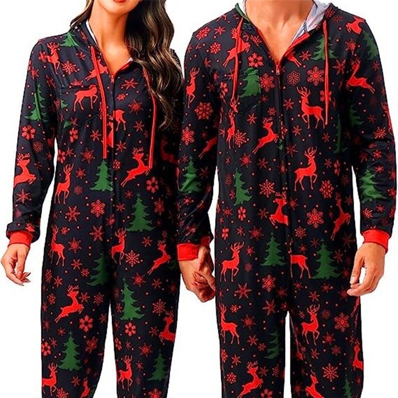 Salopetă de pijama pentru cupluri, imprimeu desen animat, poliester, guler în V, mâneci lungi, greutate 141-160 g/m2