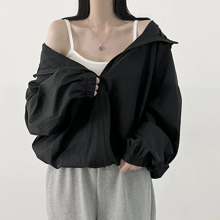 Îmbrăcăminte de protecție solară pentru femei - jachetă UV în stil coreean, croială lejeră, mâneci lungi, 90-95% poliester