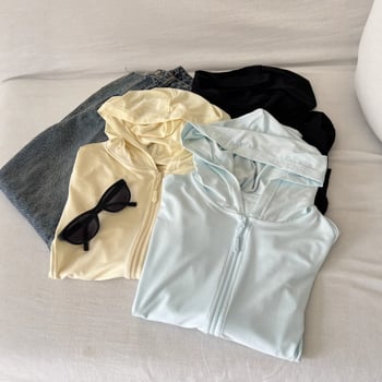 Top cu glugă de protecție solară pentru femei, material modal ușor și respirabil, mâneci lungi, fermoar, UPF 30+