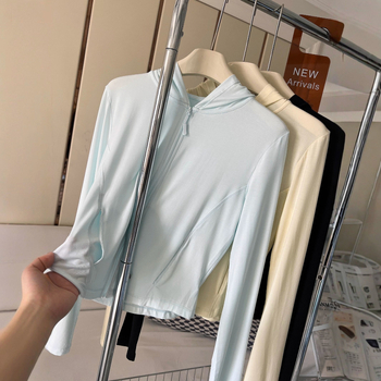 Top cu glugă de protecție solară pentru femei, material modal ușor și respirabil, mâneci lungi, fermoar, UPF 30+