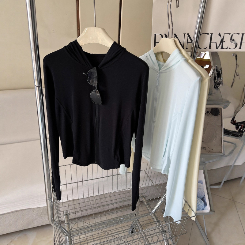 Top cu glugă de protecție solară pentru femei, material modal ușor și respirabil, mâneci lungi, fermoar, UPF 30+