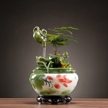 Керамичен фонтан за дневна с мотив лотос и течаща вода, ръчно рисуван и глазуриран, пасторален стил, подходящ за подарък