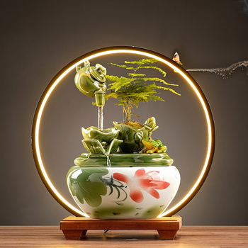 Керамичен фонтан за дневна с мотив лотос и течаща вода, ръчно рисуван и глазуриран, пасторален стил, подходящ за подарък