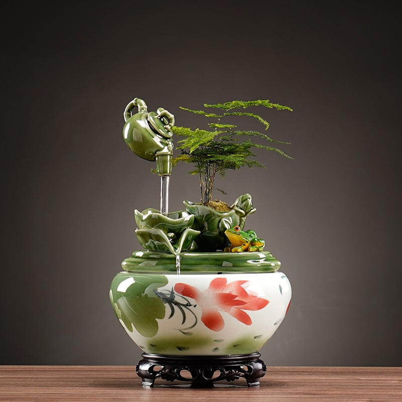 Керамичен фонтан за дневна с мотив лотос и течаща вода, ръчно рисуван и глазуриран, пасторален стил, подходящ за подарък