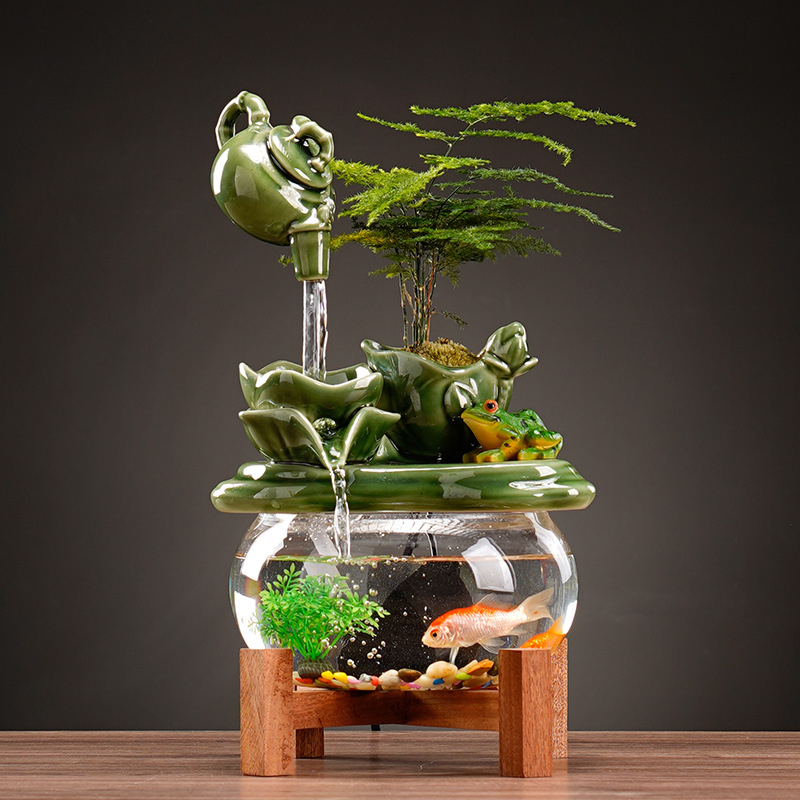 Керамичен фонтан за дневна с мотив лотос и течаща вода, ръчно рисуван и глазуриран, пасторален стил, подходящ за подарък