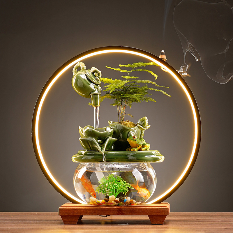 Керамичен фонтан за дневна с мотив лотос и течаща вода, ръчно рисуван и глазуриран, пасторален стил, подходящ за подарък