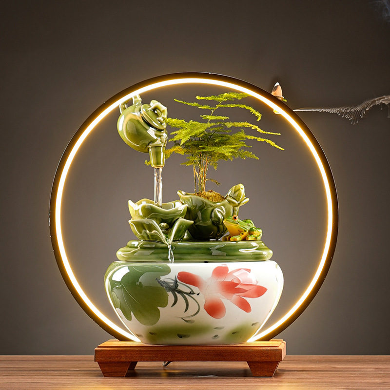 Керамичен фонтан за дневна с мотив лотос и течаща вода, ръчно рисуван и глазуриран, пасторален стил, подходящ за подарък