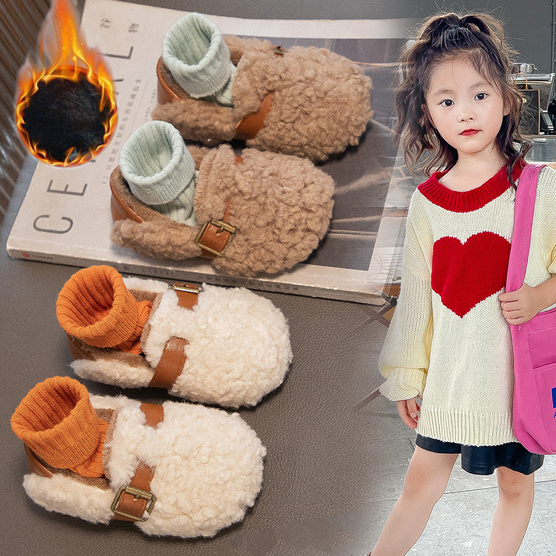 Pantofi casual pentru fetițe din velur, căptușiți cu fleece, talpă din cauciuc, groși, culoare solidă, pentru vârstele 1–3, 4–6 și 7–12 ani, toamna 2025