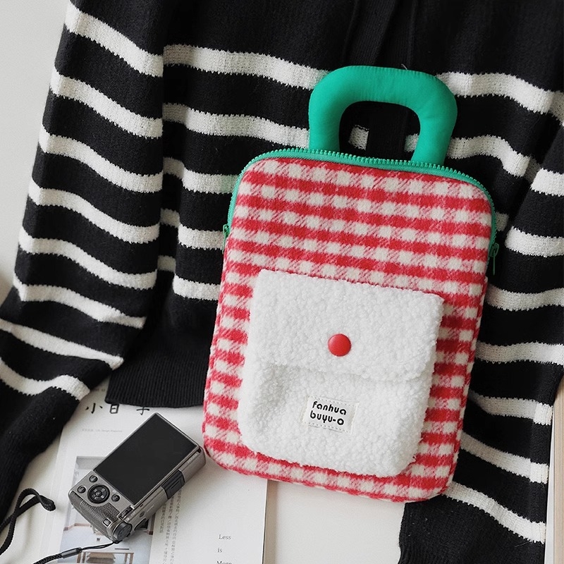 Plišani futrol za tablet u korejskom stilu s kariranim uzorkom, otporna na udarce, prenosiva s ručkom, poliester podstava