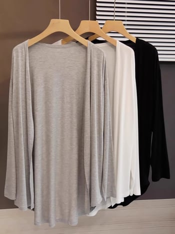 Свободен кардиган от полиестер с дълги ръкави, средна дължина, едноцветен.