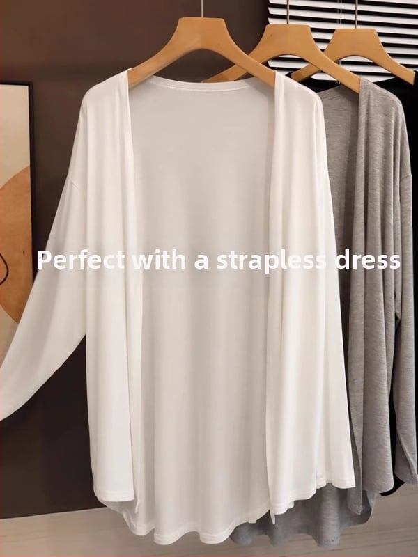 Свободен кардиган от полиестер с дълги ръкави, средна дължина, едноцветен.