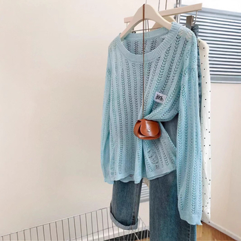 Пуловер с дълги ръкави от плетиво, тънък тюл върху топа, елегантен топ с буквена шарка