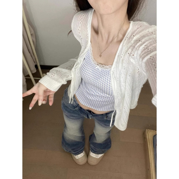 Cardigan slim în stil coreean, decolteu în V, șnur de închidere, decupat, top tricotat cu protecție solară, mâneci lungi