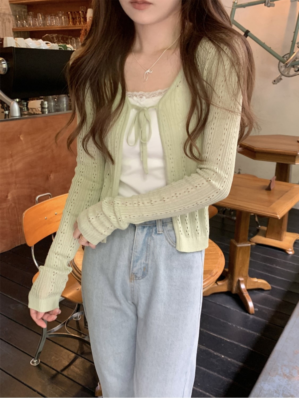 Cardigan slim în stil coreean, decolteu în V, șnur de închidere, decupat, top tricotat cu protecție solară, mâneci lungi