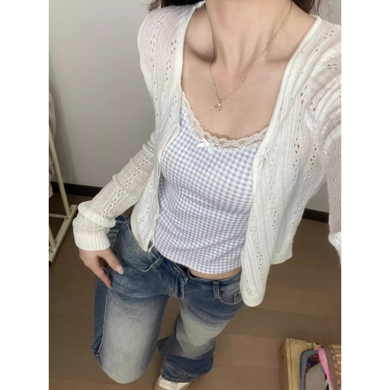 Cardigan slim în stil coreean, decolteu în V, șnur de închidere, decupat, top tricotat cu protecție solară, mâneci lungi