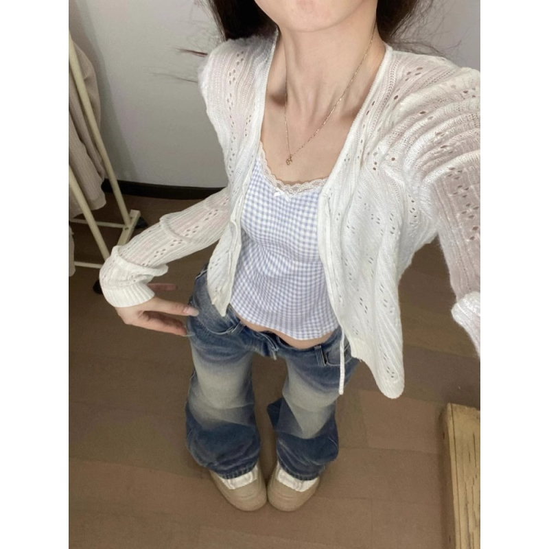 Cardigan slim în stil coreean, decolteu în V, șnur de închidere, decupat, top tricotat cu protecție solară, mâneci lungi