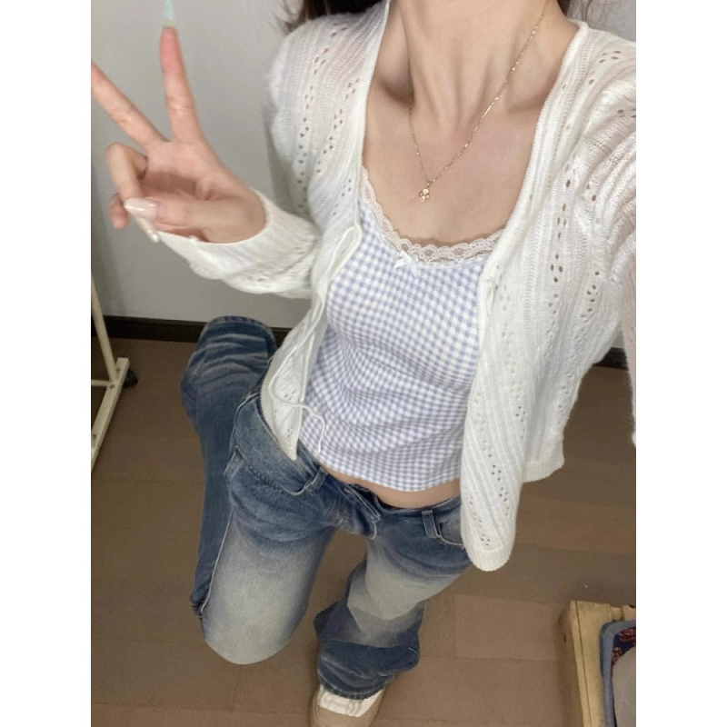 Cardigan slim în stil coreean, decolteu în V, șnur de închidere, decupat, top tricotat cu protecție solară, mâneci lungi