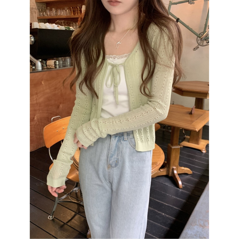 Cardigan slim în stil coreean, decolteu în V, șnur de închidere, decupat, top tricotat cu protecție solară, mâneci lungi