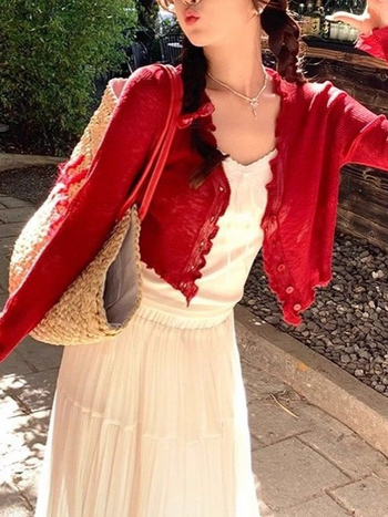 Cardigan vanjski komad s V-izrezom, uski kroj, dugi rukavi, kratka duljina, poliester prozirna tkanina Ice Silk