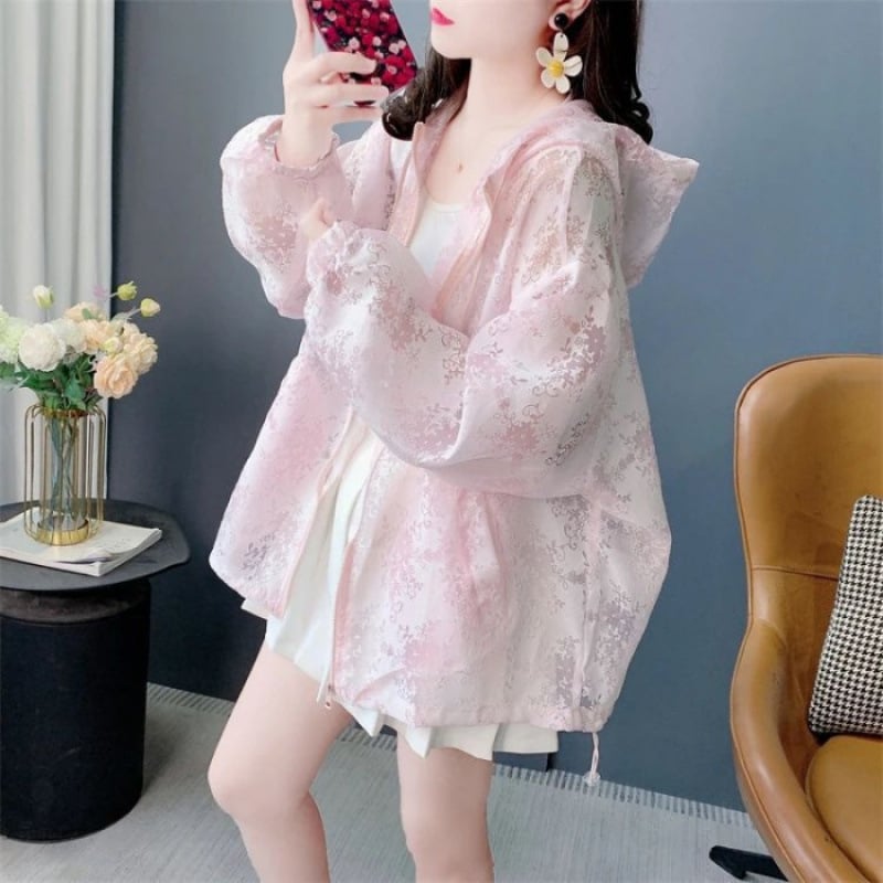 Дамско леко яке за защита от слънцето, свободна кройка, с качулка, дълги ръкави, флорална шарка, цип отпред, лято 2025