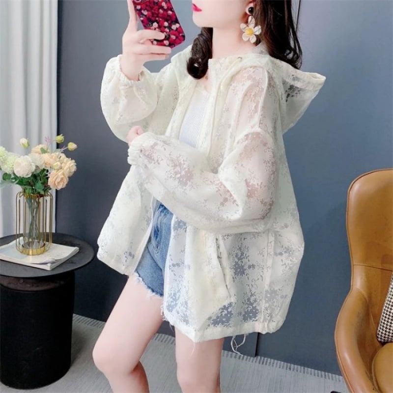 Дамско леко яке за защита от слънцето, свободна кройка, с качулка, дълги ръкави, флорална шарка, цип отпред, лято 2025