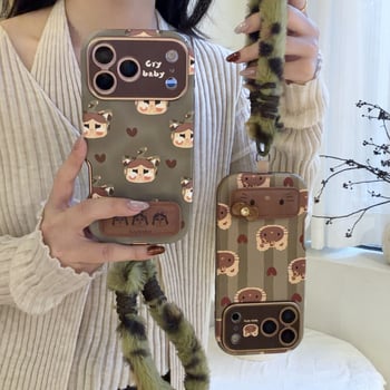 Kryt na iPhone 14 Pro / 14 Pro Max z kože s reliéfnou textúrou, mäkké plyšové šnúrky, proti pádu