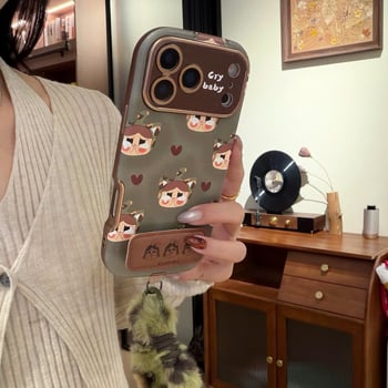 Kryt na iPhone 14 Pro / 14 Pro Max z kože s reliéfnou textúrou, mäkké plyšové šnúrky, proti pádu