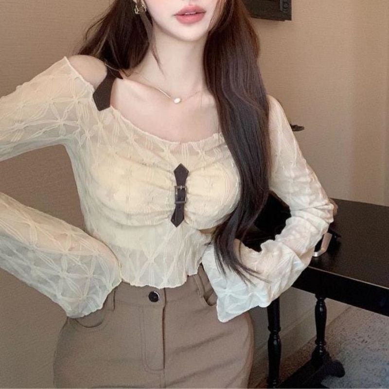 женски топ с едно рамо, тясно прилепнал силует, дълъг ръкав, полиестер, UPF30+