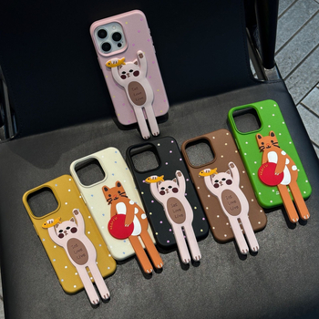 Husă de telefon cu suport în formă de pisică pentru iPhone – Piele, Confecție manuală, Personalizabil, Protecție împotriva căderilor