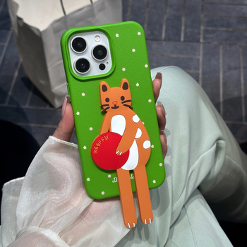 Husă de telefon cu suport în formă de pisică pentru iPhone – Piele, Confecție manuală, Personalizabil, Protecție împotriva căderilor