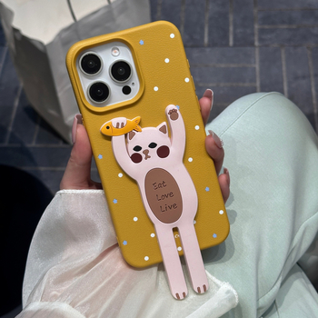 Husă de telefon cu suport în formă de pisică pentru iPhone – Piele, Confecție manuală, Personalizabil, Protecție împotriva căderilor