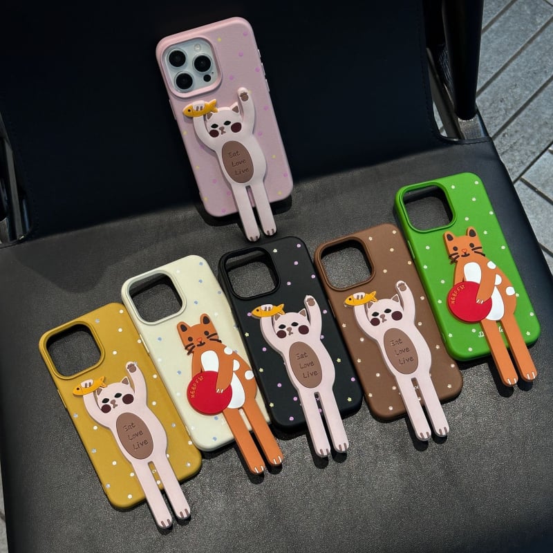 Husă de telefon cu suport în formă de pisică pentru iPhone – Piele, Confecție manuală, Personalizabil, Protecție împotriva căderilor