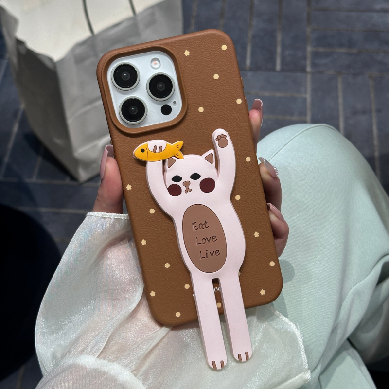 Husă de telefon cu suport în formă de pisică pentru iPhone – Piele, Confecție manuală, Personalizabil, Protecție împotriva căderilor